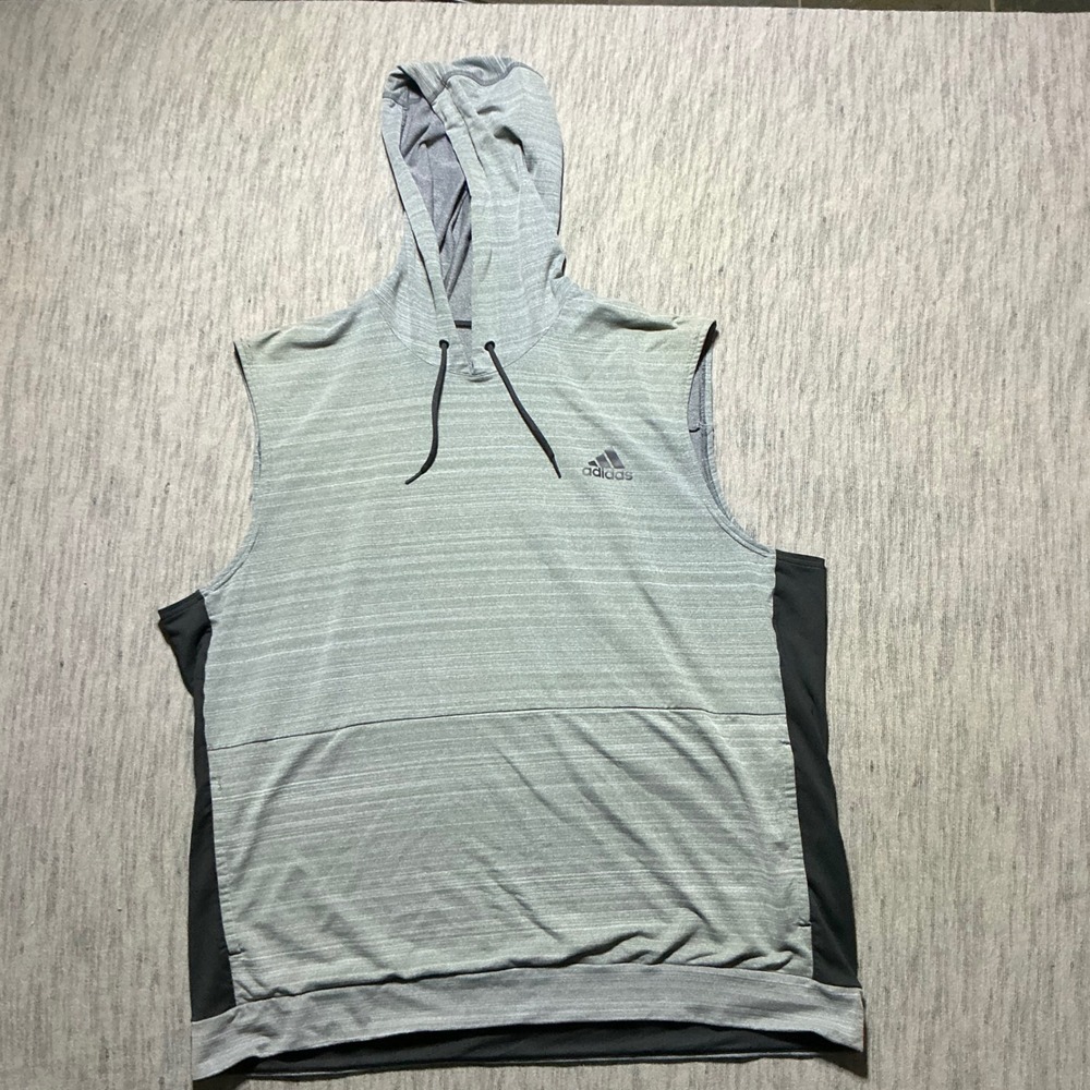 Adidas Mens Sleeveless Hoodie Grey Black Heathered Gym Training Vest XL
